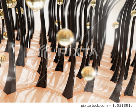 3d scalp with hair follicles and oil drops texture. Skin cells with hexagon pattern and liquid bubbles of yellow honey mask, gel serum, biotin vitamin. Cosmetic beauty care background. 3D illustration 130318913