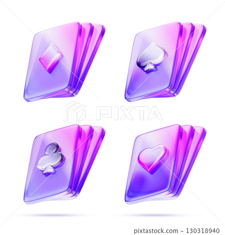 Holographic iridescent glass playing cards for poker and board games. Render 3d set of hearts, spades, diamonds, clubs fan. Casino or tarot cards stack with neon purple pink gradient. 3D illustration Holographic iridescent glass playing cards for poker and board games. Render 3d set of hearts, spades, diamonds, clubs fan. Casino or tarot cards stack with neon purple pink gradient. 3D illustration 130318940