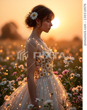 A girl standing in a flower field at dusk 130318976
