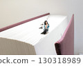 Conceptual Image of Miniature Woman Sitting on Open Book Pages 130318989