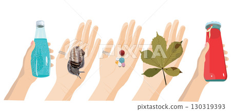 Set of palms with pills, chestnut leaf, snail. bottles with drink. Health care concept. Vector illustration isolated on white background. 130319393