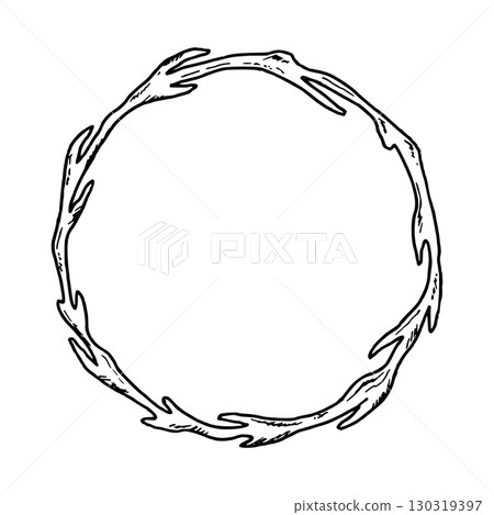 Round wooden frame. Botanical vector illustration. Simple black graphic hand drawn in doodle style. Outline drawing for packaging design of rustic, botanical projects, seasonal holidays. Thanksgiving. 130319397