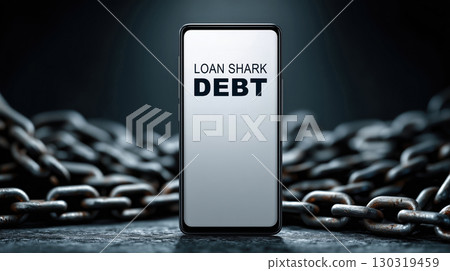 Loan shark debt concept with smartphone and heavy chain background showing financial stress and danger debt concept Loan shark debt concept with smartphone and heavy chain background showing financial stress and danger debt concept 130319459