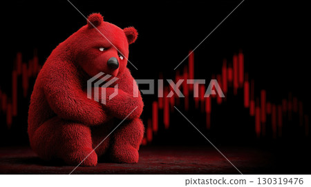 Sad red bear sitting with arms crossed, stock market graph in background, symbolizing financial loss, bearish trend, and emotional impact 130319476