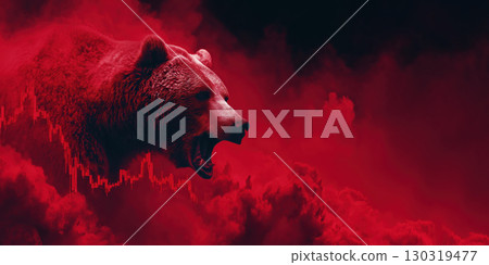 Red bear roaring with stock graph, surreal vibrant scene, financial market downturn, dramatic atmosphere, intense emotion 130319477
