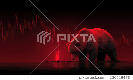 Red bear standing near water with red candlestick stock graph background, symbolizing bearish market trend and financial downturn 130319478