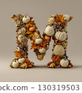 A three-dimensional letter "M" made up of various autumn and nature elements: pumpkins, leaves, pine cones and acorns. All these elements are gathered together to create a feeling of autumn, coziness  130319503