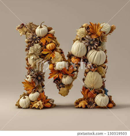 A three-dimensional letter "M" made up of various autumn and nature elements: pumpkins, leaves, pine cones and acorns. All these elements are gathered together to create a feeling of autumn, coziness A three-dimensional letter "M" made up of various autumn and nature elements: pumpkins, leaves, pine cones and acorns. All these elements are gathered together to create a feeling of autumn, coziness 130319503