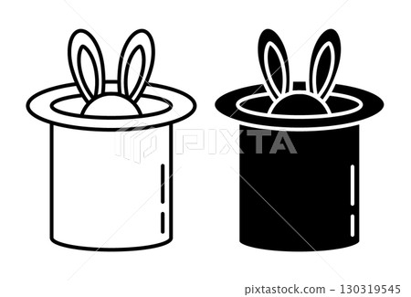 Line icon. Circus rabbit ears stick out of illusionist hat. Simple black and white vector isolated on white background 130319545