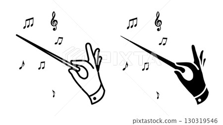 Line icon. Hand of conductor composer holds baton directing musicians of orchestra. Simple black and white vector isolated on white background 130319546