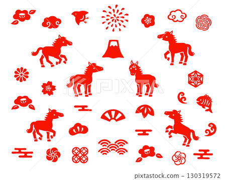 Red Japanese-style New Year's icon and horse illustration set Red Japanese-style New Year's icon and horse illustration set 130319572