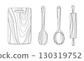 Line drawing illustration of wooden kitchen utensils 130319752
