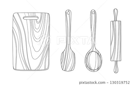 Line drawing illustration of wooden kitchen utensils Line drawing illustration of wooden kitchen utensils 130319752