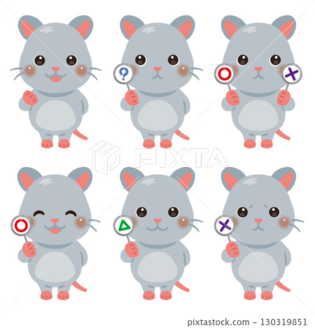 一組老鼠角色插圖，手持圓形、三角形和三角形卡片 130319851