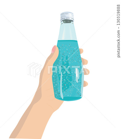 Blue drink in glass bottle in human hand. Vector illustration isolated on white background. 130319888