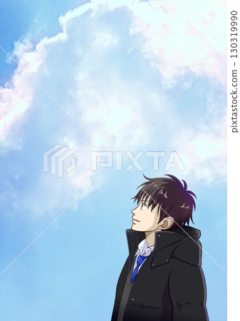 動漫風格的插圖,描繪了一個高中或初中男孩在晴朗的冬日仰望天空,左側有空間 動漫風格的插圖,描繪了一個高中或初中男孩在晴朗的冬日仰望天空,左側有空間 130319990