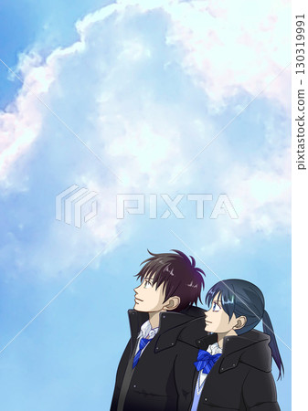 動漫風格的插圖，描繪了晴朗的冬日里，高中生或國中生仰望天空的情景，左側留有空白 130319991