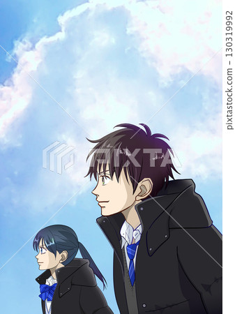 一幅動漫風格的插圖，描繪了晴朗的冬日里，高中或初中男生和女生仰望天空的場景 130319992