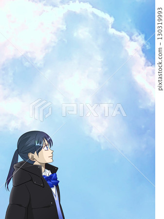 動漫風格的插圖，描繪了晴朗的冬日里，一名高中或國中女生仰望天空，右側有空間 130319993