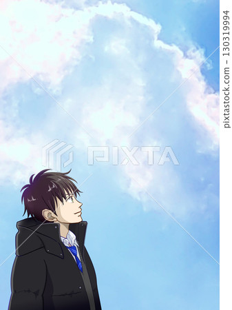 動漫風格的插圖,描繪了一個高中或初中男孩在晴朗的冬日仰望天空,右側有空白 動漫風格的插圖,描繪了一個高中或初中男孩在晴朗的冬日仰望天空,右側有空白 130319994