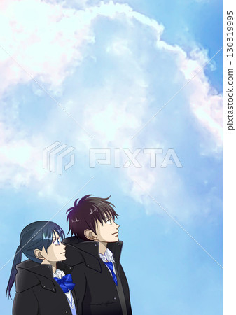 一幅動漫風格的插圖,描繪了晴朗的冬日里,高中或初中男生和女生仰望天空的場景 一幅動漫風格的插圖,描繪了晴朗的冬日里,高中或初中男生和女生仰望天空的場景 130319995