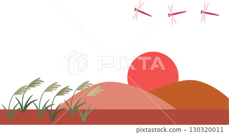 Background illustration of sunset, silver grass and red dragonflies Background illustration of sunset, silver grass and red dragonflies 130320011