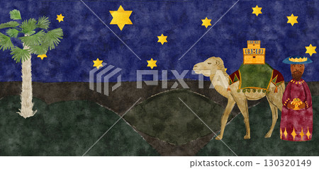 Wise man with a gift, leading camel, starry night sky, palm tree in the desert. Christmas biblical artwork ideal for cards, storybooks, decor, festive prints. Watercolor illustration. Nativity story 130320149