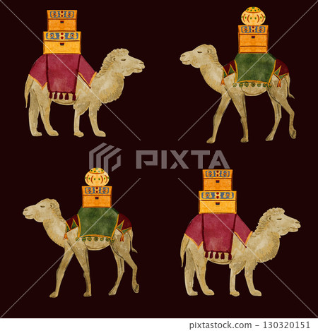 Camels with decorated saddles and oriental chests. Seamless watercolor pattern on dark. Christmas nativity design for festive wrapping paper, textile, gift packaging, cards, seasonal decor. Inspired 130320151