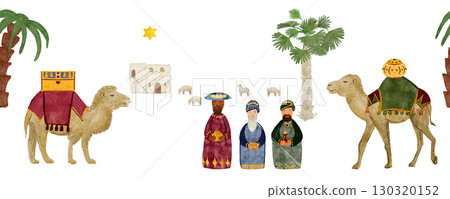 Three Wise Men with camels, palm trees, Bethlehem house, and star. Watercolor illustration. Nativity Christmas border with oriental scene, perfect for festive cards, invitations, holiday decor 130320152