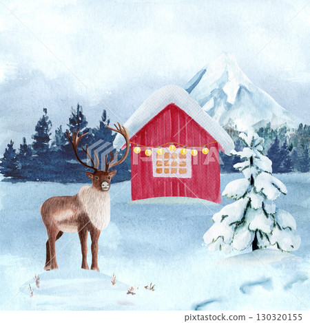 Winter landscape with snowy mountains, pine trees, red cabin, reindeer, Christmas lights. Watercolor illustration ideal for holiday cards, winter decor, seasonal packaging, rustic Scandinavian designs 130320155