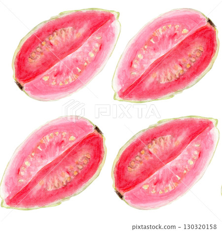 Seamless watercolor pattern of pink guava slices, hand painted in tropical colors. Vibrant art. Perfect for summer textiles, eco-friendly packaging, kitchen decor, and tropical fruit branding 130320158