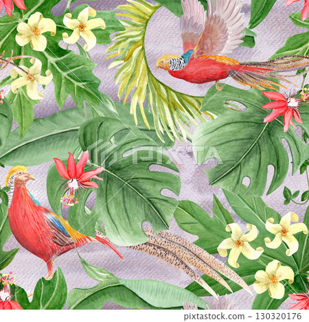Golden pheasant, passion flower, monstera leaves, tropical foliage, watercolor seamless pattern on purple background. Hand drawn design perfect for wrapping paper, textile, wallpaper. Rainforest 130320176