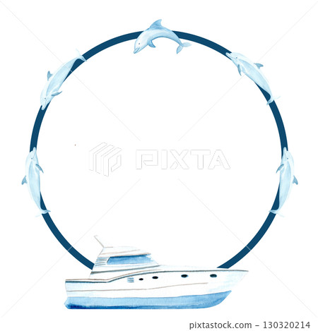 Yacht with dolphins jumping above it watercolor round frame isolated on white. Perfect for for cards, banners, advertisements, invitations, maps and books. Travel, voyage design. Blue white monochrome 130320214