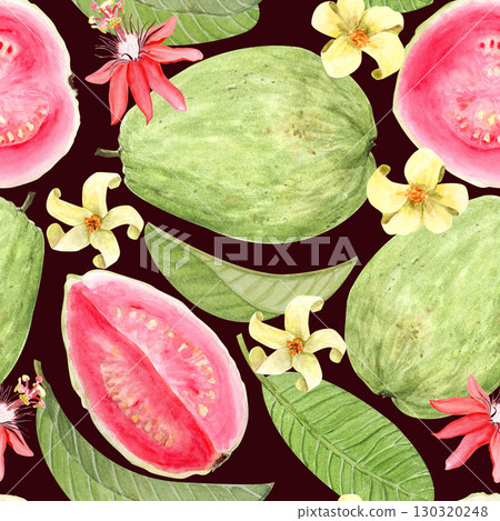 Guava fruits, flowers, and leaves seamless tropical pattern on a dark background. Hand painted watercolor illustrations. Ideal for textile design, packaging, wallpapers, eco-friendly branding projects 130320248