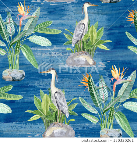 Asian-inspired landscape with herons, tropical plants, stones, water. Watercolor seamless pattern on blue. Perfect for botanical designs, exotic patterns, nature themes, zen-style decorations 130320261