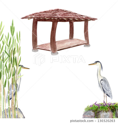 Asian garden card bamboo, wooden pavilion, heron birds. Watercolor zen frame design oriental landscapes, perfect for invitations, wedding stationery, greeting cards, travel themes, meditation concepts 130320263