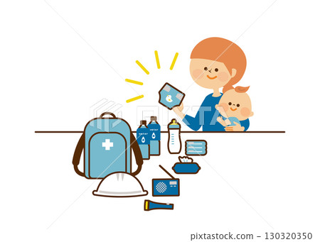 防災：母親和嬰兒思考防災用品的插圖 130320350