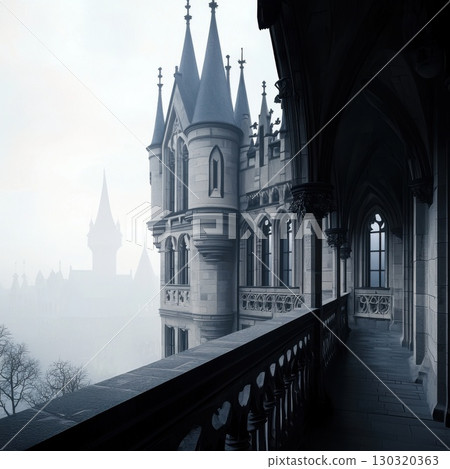 Fog enveloping a gothic castle with a balcony view, creating a mysterious atmosphere filled with enchantment and intrigue, capturing the essence of medieval fantasy and history 130320363