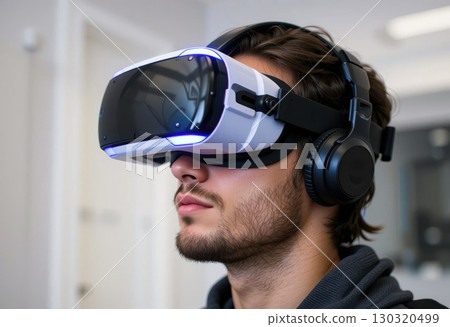 Man Using Virtual Reality Headset with Headphones in Modern Indoor Setting. 130320499