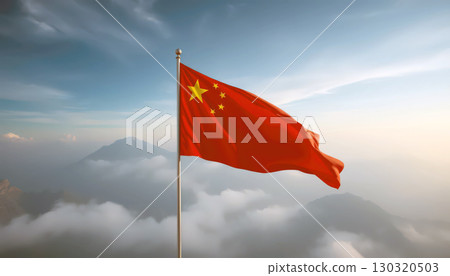 The Chinese National Flag Visible Against a Mountainous Scenic Background. 130320503