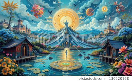 Fantasy Landscape with Fantasy Architecture, Lakes and Surreal Cosmic Elements. 130320538