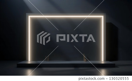 Modern Minimalist Design Featuring Illuminated Rectangular Frame and Dark Background. Modern Minimalist Design Featuring Illuminated Rectangular Frame and Dark Background. 130320555