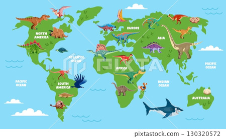Prehistoric dinosaurs map infographics. Vector educational world map showing dinosaurs distributed across continents, each labeled with regional names and oceans, illustrating where dino species lived 130320572
