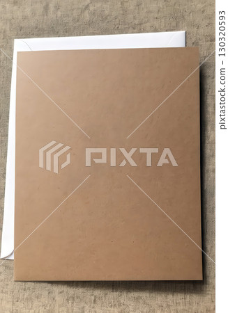 Minimalist Brown Greeting Card on Natural Fabric Surface. 130320593
