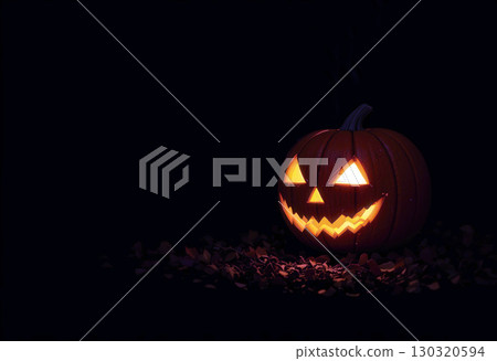 Glowing Halloween Jack-o'-Lantern in a Dark Autumn Setting. 130320594