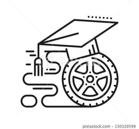 Driving school icon for drive training of graduate cap on car wheel, vector pictogram. Driving school line icon for driver license test and exam success in drive education training and practice 130320599