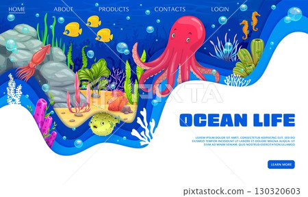 Paper cut landing page with sea animals. Vector web banner with cartoon octopus, squid, puffer and tropical fish on papercut underwater landscape background with coral reef and seaweed plants in ocean Paper cut landing page with sea animals. Vector web banner with cartoon octopus, squid, puffer and tropical fish on papercut underwater landscape background with coral reef and seaweed plants in ocean 130320603