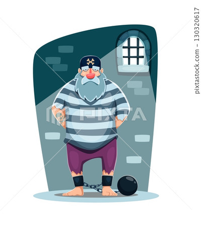 Cartoon pirate prisoner corsair ship crew nautical character with gray beard, striped shirt, and tattoo stands in a cell, shackled to a heavy iron ball against dimly lit stone wall with barred window Cartoon pirate prisoner corsair ship crew nautical character with gray beard, striped shirt, and tattoo stands in a cell, shackled to a heavy iron ball against dimly lit stone wall with barred window 130320617
