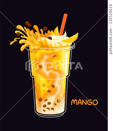 Cartoon mango milk bubble tea glass in a clear cup with fruit slices, whipped cream and dynamic bright splash effect. Refreshing drink contains tapioca pearls and straw, evoking a sweet, tropical vibe 130320619