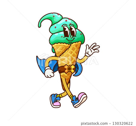 Cartoon groovy superhero ice cream cone character with a waffle body, mint swirl top, and blue cape. Vector playful summer dessert personage for kid menus. Sweet and frozen icecream cone y2k defender Cartoon groovy superhero ice cream cone character with a waffle body, mint swirl top, and blue cape. Vector playful summer dessert personage for kid menus. Sweet and frozen icecream cone y2k defender 130320622
